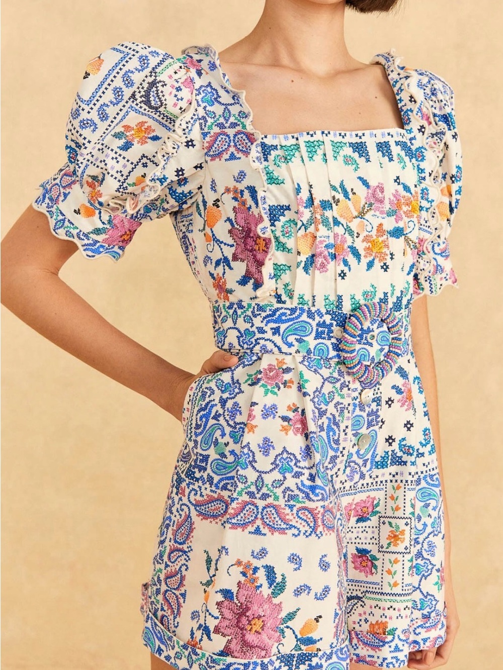 Farm Rio Romantic Bandanas Puff-Sleeve Belted Romper